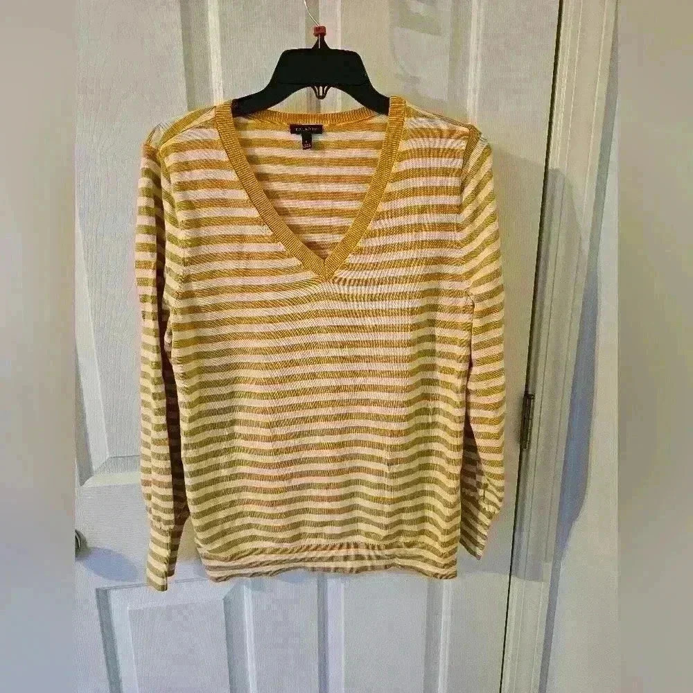 Talbots Cotton Yellow Striped V-Neck Pullover Tennis Sweater Size Large